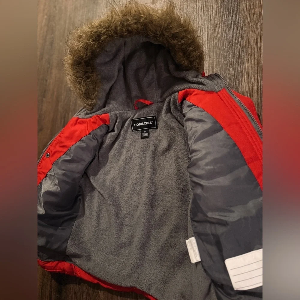 Red Hooded Puffer Jacket with Faux Fur Trim